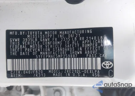 2021 Toyota Corolla Le из США, поврежденный, VIN 5YFEPMAE5MP259887